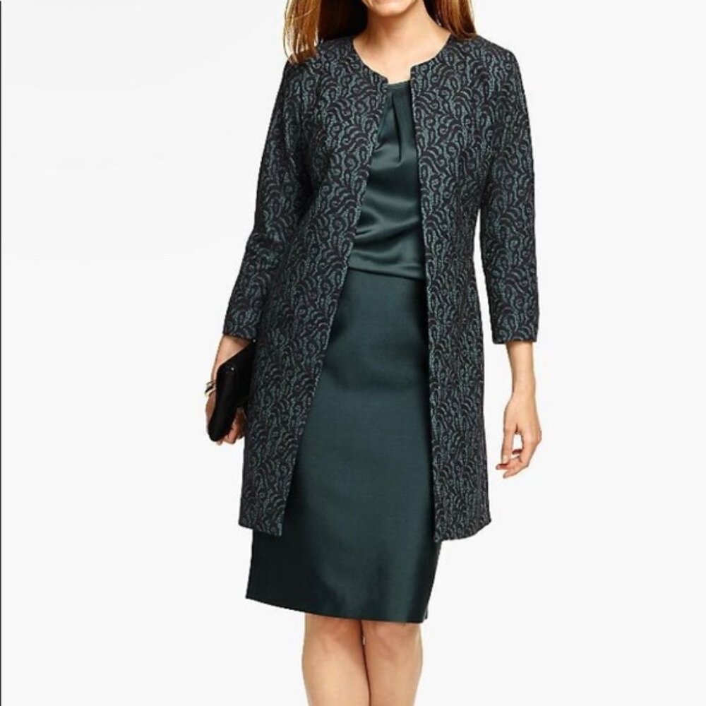 NWT Talbots Green & Black Lace Open Front Topper Jacket – Size 12